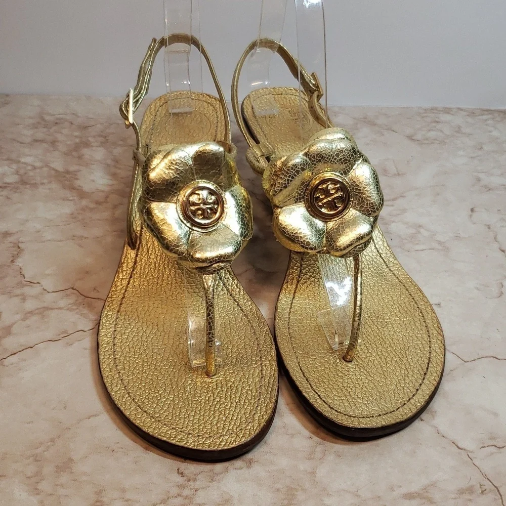 Tory Burch Gold Toe Hook Slingback Wedges Women's Sandals Size 7.5